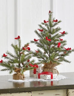 Raz 14.25" Or 16" Tree With Cardinals In Burlap Bag Christmas Decoration