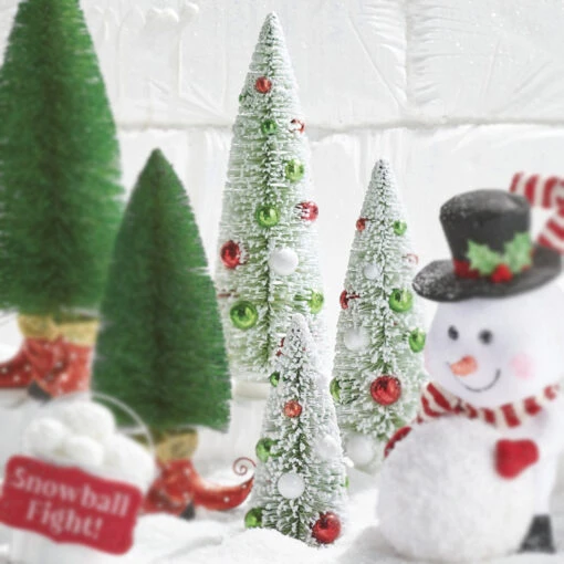 Raz Set Of 3 Frosted Bottle Brush Trees With Ornaments Christmas Decoration 4215566