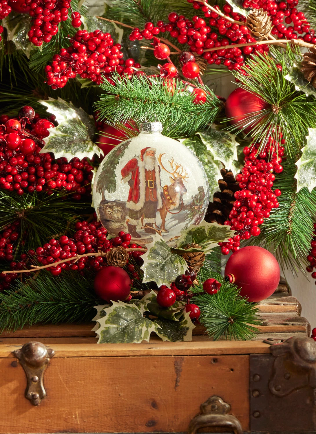 Raz 5" Santa And Reindeer Portrait Glass Ball Christmas Ornament 4324618