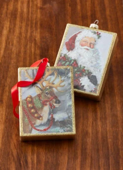 Raz 4.5" Santa Or Reindeer Painted Style Glass Christmas Ornament