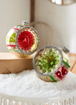 Raz 4" Red And Green Vintage Reflector Ball Glass Christmas Ornament 4352880