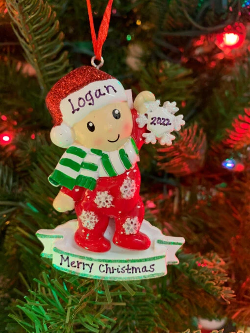 Baby In Red And Green Pajamas Holding Snowflake Personalized Christmas Ornament OR1920-RG - Image 2