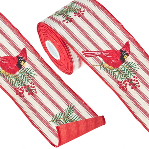 Raz 4" Ticking Stripe Cardinal Embroidered Wired Christmas Ribbon R4227725 - Image 2