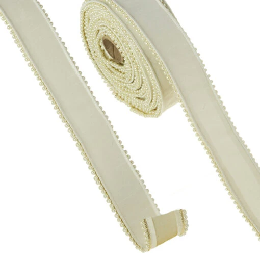 Raz 2.5" Pearl Trim Ivory Wired Christmas Ribbon R4327718 - Image 2