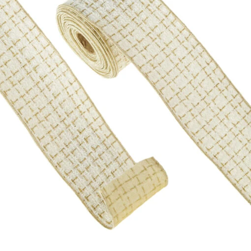 Raz 4" White And Gold Tweed Wired Christmas Ribbon R4371783 - Image 2