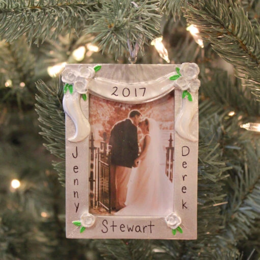 Silver And White Wedding Picture Frame Personalized Christmas Ornament PF958 - Image 2
