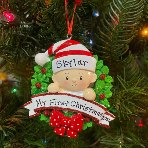 Baby In A Red And Green Wreath Personalized Christmas Ornament OR1746-RG - Image 2