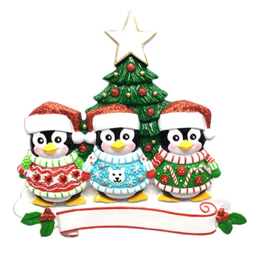 Ugly Sweater Penguin Family Of 3 Personalized Christmas Ornament - Image 3