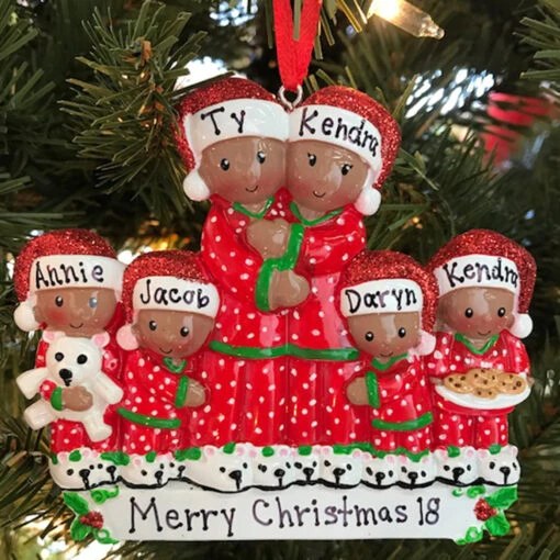 African American Pajama Family Of 6 Personalized Christmas Ornament - Image 2