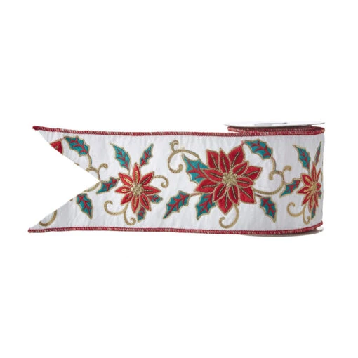 Raz 4" Embroidered Poinsettia Wired Christmas Ribbon R4171885 - Image 2