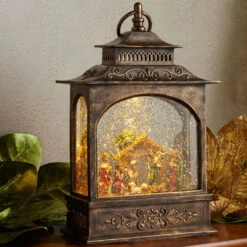 Raz 11" LED Lighted Nativity Scene In Bronze Water Globe Lantern Christmas Figure 3740512