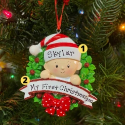 Baby In A Red And Green Wreath Personalized Christmas Ornament OR1746-RG