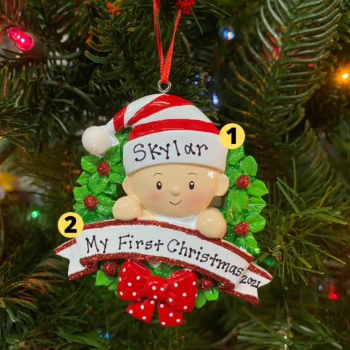Baby In A Red And Green Wreath Personalized Christmas Ornament OR1746-RG