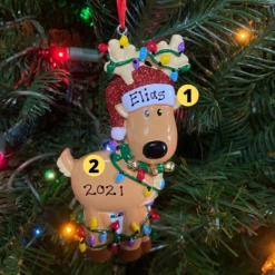 Reindeer Tangled In Lights Personalized Christmas Ornament OR1370