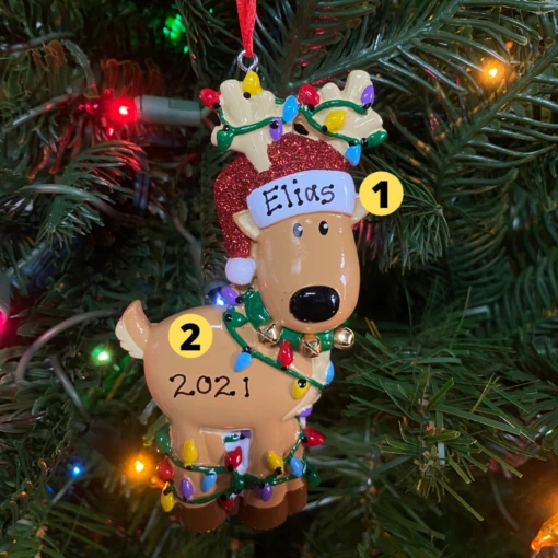 Reindeer Tangled In Lights Personalized Christmas Ornament OR1370