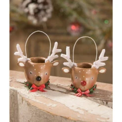 Bethany Lowe 3" Mini Reindeer Christmas Bucket Figure Or Ornament ML0425