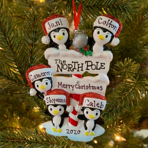 Penguin Family Of 5 At The North Pole Personalized Christmas Ornament OR1739-5 - Image 2