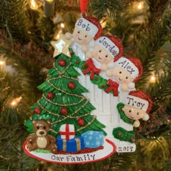Family Of 4 Around The Christmas Tree Personalized Ornament OR1789-4 -The Jelly Christmas Shop apivexjjs 73216.1646091938