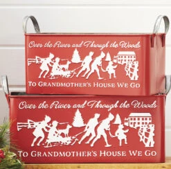 Raz Set Of 2 To Grandmother's House We Go Embossed Metal Christmas Container 4159088