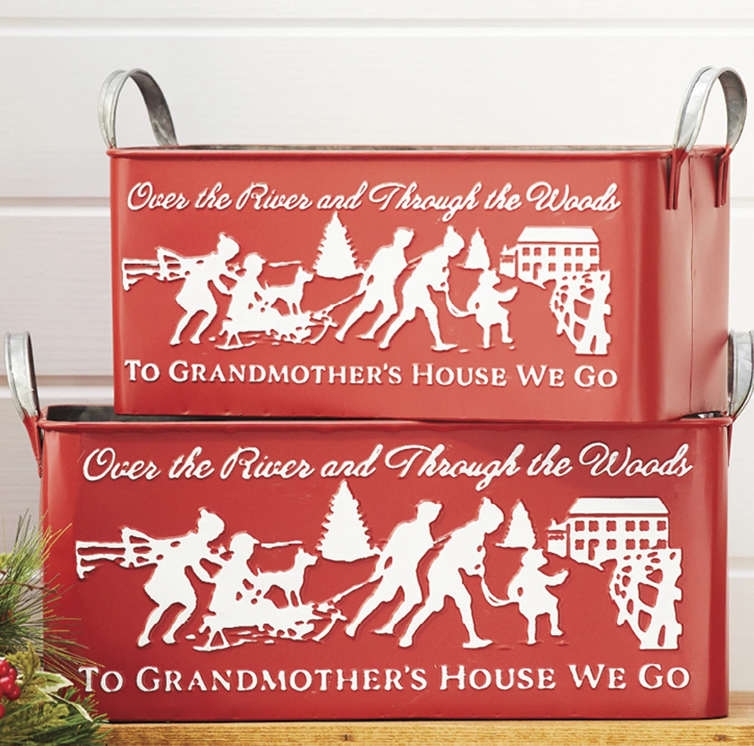 Raz Set Of 2 To Grandmother's House We Go Embossed Metal Christmas Container 4159088 3 Raz Set Of 2 To Grandmother's House We Go Embossed Metal Christmas Container 4159088