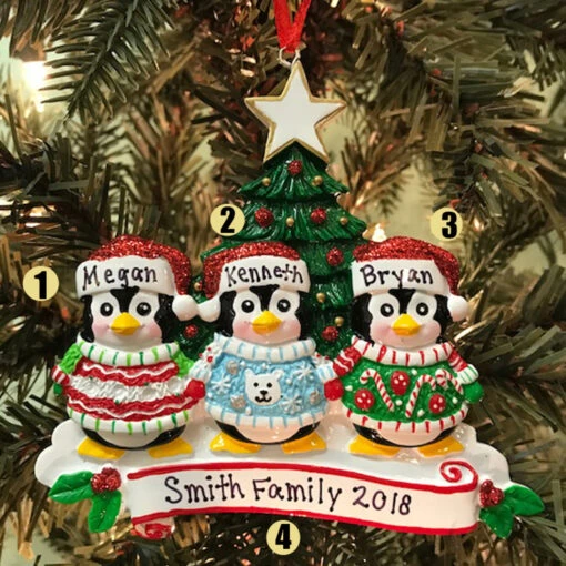 Ugly Sweater Penguin Family Of 3 Personalized Christmas Ornament - Image 2