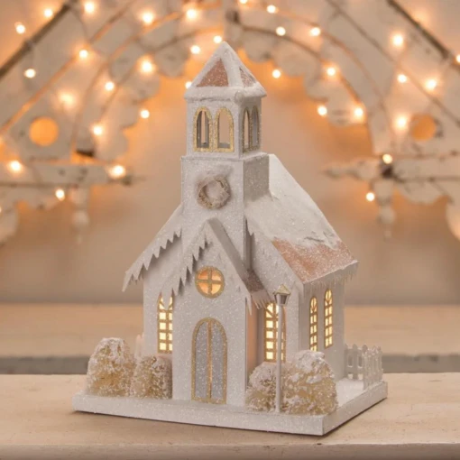Bethany Lowe Metallic Gold, White, And Silver Glittered Christmas Buildings - Image 4