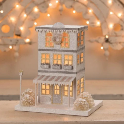 Bethany Lowe Metallic Gold, White, And Silver Glittered Christmas Buildings - Image 2