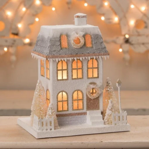 Bethany Lowe Metallic Gold, White, And Silver Glittered Christmas Buildings - Image 3